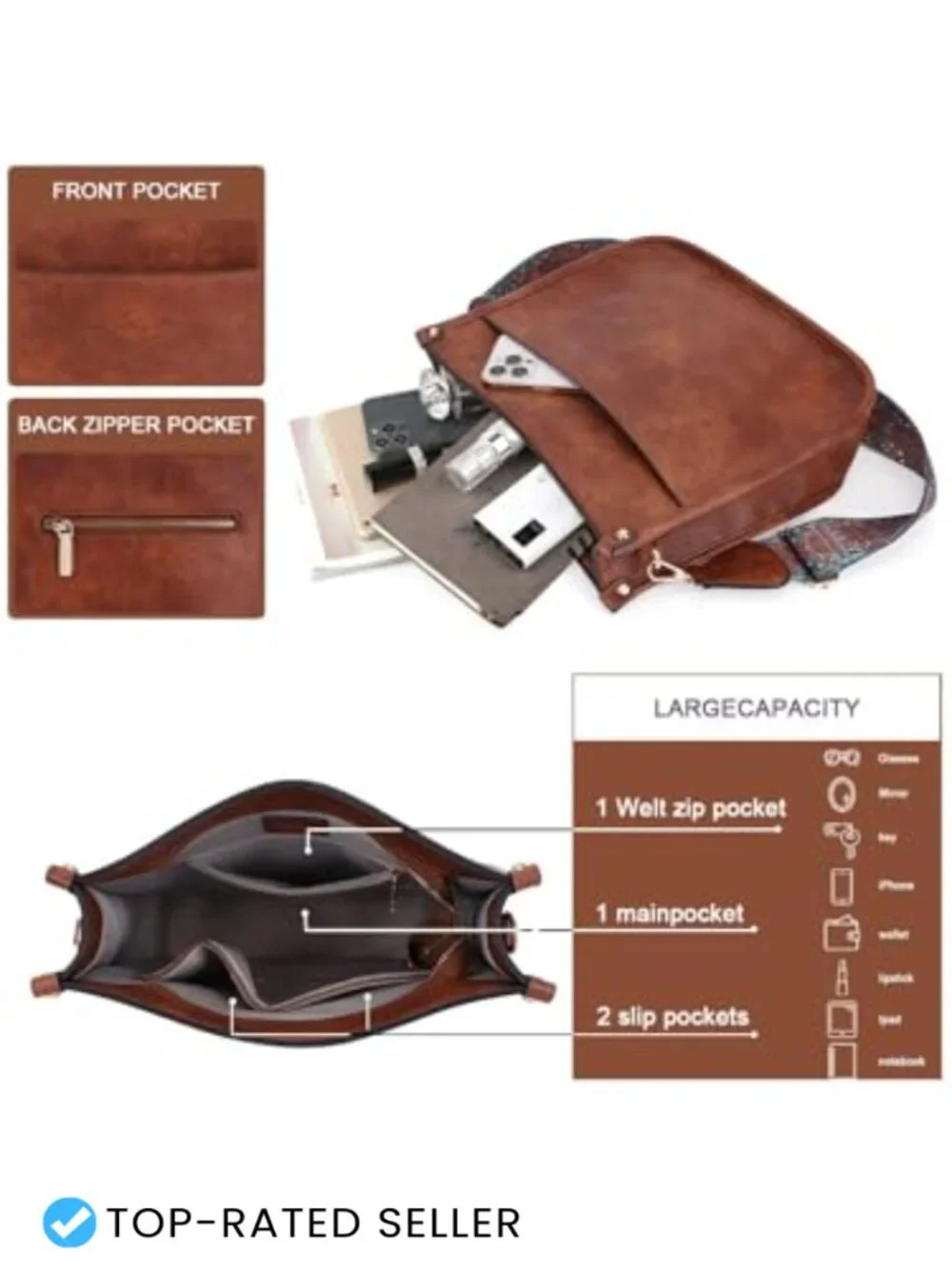 Vegan Leather Hobo Crossbody Bag with 2 Adjustable Straps Trendy